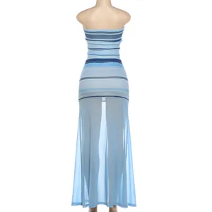 Back view detail of blue striped tube top and sheer mesh maxi skirt clothing set