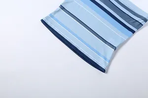 Close-up of blue horizontal striped mesh fabric for women's spring clothing set.