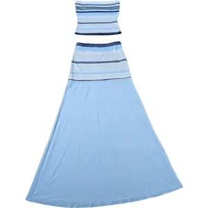 Detail view of blue striped tube top and matching maxi skirt set for women