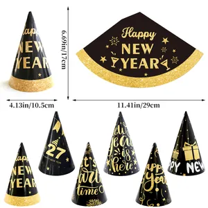 Black and gold 2027 New Year party paper hats showing dimensions and six various festive designs