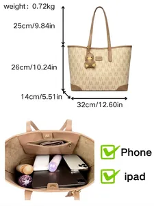 Fashionable printed tote bag with large capacity and dimension details