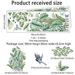 Detailed dimensions of creative tropical plant and bird wall stickers for decor