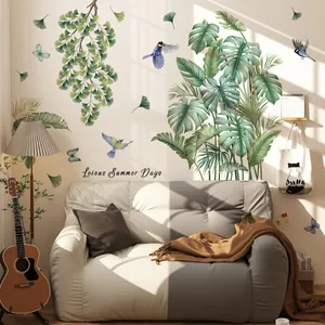 Creative tropical green leaf wall stickers with birds and butterflies for home decor.