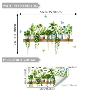 Dimensions for green potted plants wall stickers on a shelf with butterflies decoration