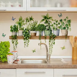 Watercolor green plants and shelf wall decal applied on kitchen tile backsplash
