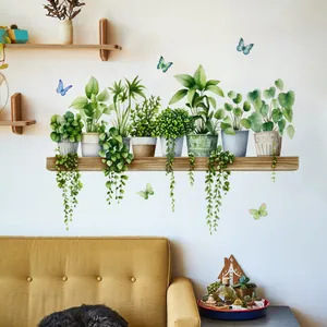 Detailed watercolor wall sticker featuring green potted plants and butterflies on a shelf.