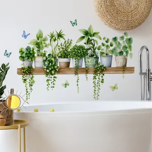 Watercolor style green potted plants shelf wall decals applied to white bathroom wall
