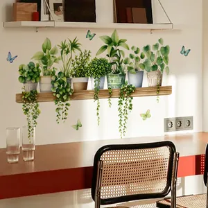 Watercolor green plant pots on a wooden shelf wall sticker decoration in a home office