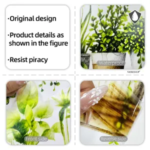 Detailed view of waterproof green plant wall stickers showing product front and reverse sides