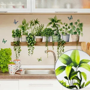Detail view showing texture of self-adhesive green plant shelf wall stickers