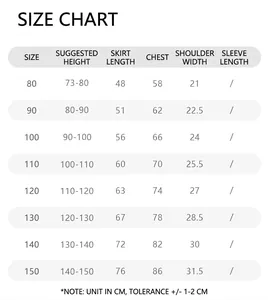 Comprehensive size chart for children's cartoon graffiti sleeveless summer dress in cm.