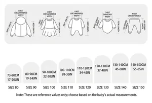Detailed size chart for children's clothing with height and weight recommendations