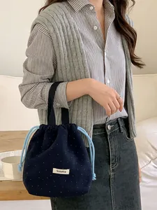 Polka Dot Woolen Handbag Women Drawstring Pouch Tote Small Casual Daily Travel Portable Mini Lunch Bag Japanese Style