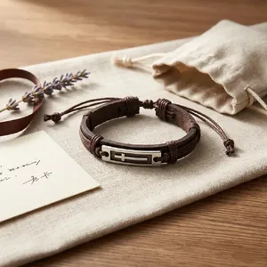 Macro view of a brown punk leather bracelet with an engraved silver cross metal plate.