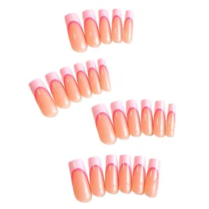 Professional 24pcs long coffin press-on nails with an elegant pink French tip design.