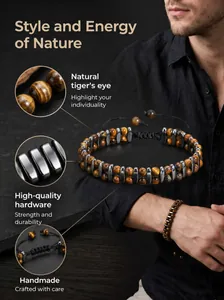Detaillierte Nahaufnahme eines handgefertigten Armbands aus Tigerauge und Hämatit