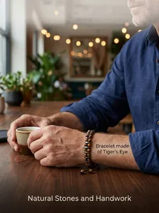 Pulsera de doble fila de ojo de tigre y hematita en la muñeca de un hombre en una cafetería.