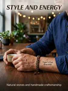 Zweireihiges Armband aus Tigerauge und Hämatit, getragen am Handgelenk eines Mannes im Café.