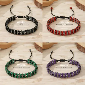 Pulseras de cuentas de piedra natural de doble fila con cuerda trenzada ajustable