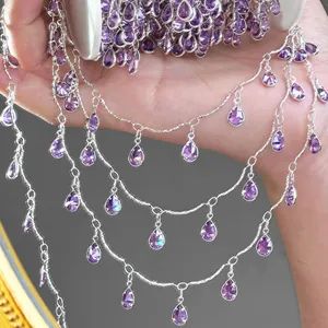 Premium silver-tone jewelry chain with faceted amethyst teardrop crystals for DIY projects