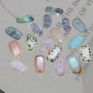 Natural Stone Faceted Oval Pendant For DIY Jewelry Making Gold Copper Edge Edging Amazonite Dalmatian Jasper Rose Quartz Crystal Gemstone Charms