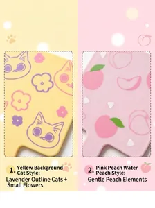 Detailed close-up of cute cat and peach patterns on portable handheld beauty mirrors