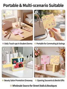 Portable handheld makeup mirrors with peach and cat patterns shown in various usage scenarios.