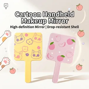 Square Handheld Makeup Mirror Portable Cute Cartoon Cat Peach Print Plastic Frame HD Glass Vanity Tool For Travel