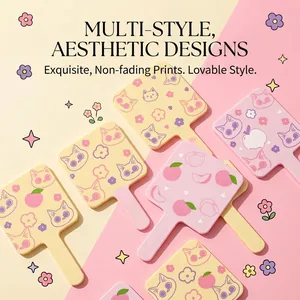 Cute cat and peach pattern handheld makeup mirrors in pastel pink and yellow styles