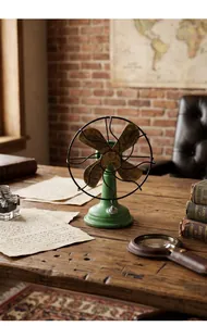 Detail van een vintage industriële groene harsventilator op een rustiek houten bureau