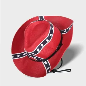 Close-up view of red Western cowboy hat showing star pattern band and adjustable strap