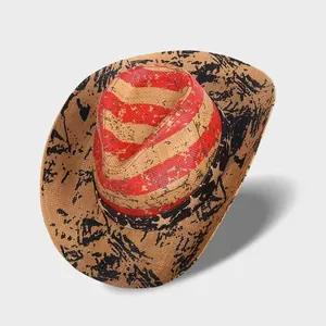 Vintage straw cowboy hat with distressed American flag pattern and black star band detail