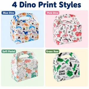 Vue détaillée de quatre boîtes en papier colorées avec imprimés de dinosaures et poignées.