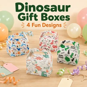 Lot de quatre boîtes cadeaux dinosaures colorées avec décorations de ballons de fête