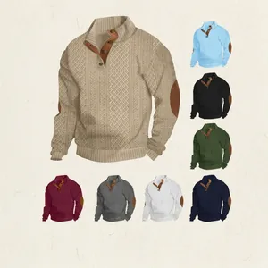 Men Knit Sweater Stand Collar Quarter Button Long Sleeve Retro Jacquard Pullover With Elbow Patches Casual Top