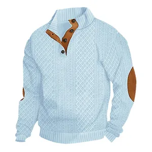 Premium men's light blue stand collar cable knit sweater with elbow patches for casual wear