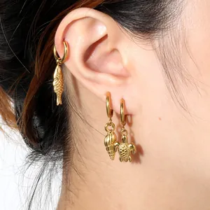 Ocean Theme Marine Life Starfish Sea Turtle Shell Fish Conch Hoop Drop Earrings Stainless Steel Gold Plated Women