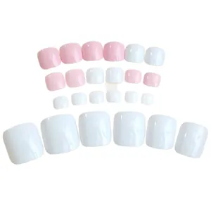 Faux ongles d'orteils carrés minimalistes en couleurs unies rose et blanc brillant