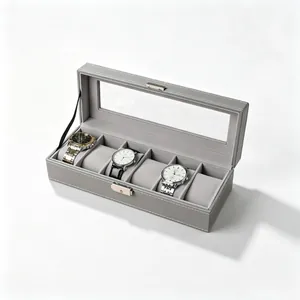 Scatola porta orologi a 6 slot in pelle grigia con finestra trasparente e serratura