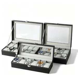 Set di scatole porta orologi in pelle nera con coperchio in vetro e fodera in velluto