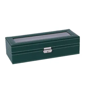 Elegante scatola porta orologi in pelle verde con serratura e finestra trasparente