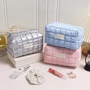 Gewatteerde Puffer Make-Up Tas Polyester Bubbelraster Cosmetische Tas Voor Reizen Lichtgewicht Draagbare Opslag