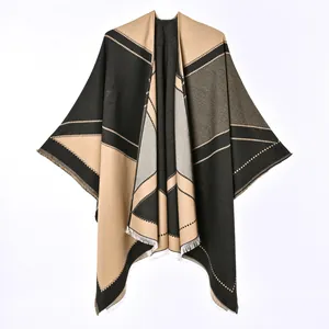 Geometric block pattern on soft faux cashmere front-split poncho for women