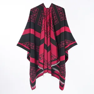 Women's reversible red and black paisley faux cashmere shawl poncho with white fringe