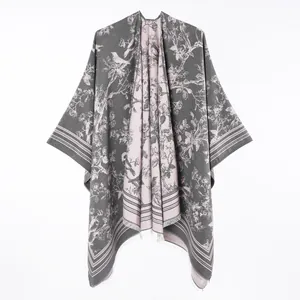 Elegant grey and pink reversible floral bird print faux cashmere poncho shawl detail