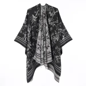 Reversible black and grey cashmere-like open-front poncho shawl with floral bird patterns