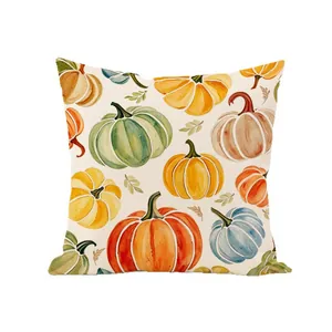 Housse de coussin de Thanksgiving avec motifs de citrouilles et feuilles colorés
