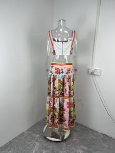 Detailed back view of colorful printed tiered maxi skirt and cropped bustier top set