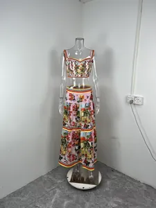 Floral print crop top and tiered maxi skirt set with sweetheart neckline on mannequin