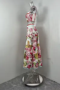 Floral print two-piece set with crop top and high-waisted maxi skirt side view